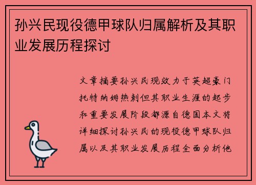 孙兴民现役德甲球队归属解析及其职业发展历程探讨
