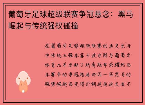 葡萄牙足球超级联赛争冠悬念：黑马崛起与传统强权碰撞